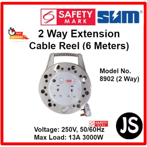 Image of 1 & 2 Way Extension Cable Reel (6 & 10 Meters) With Singapore Safety Mark