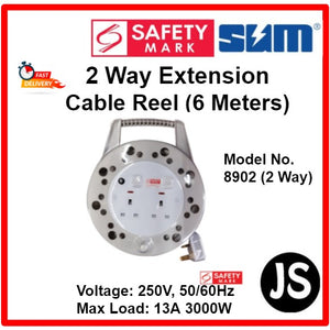 1 & 2 Way Extension Cable Reel (6 & 10 Meters) With Singapore Safety Mark