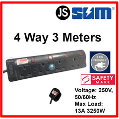 SUM 2/3/4/5 WAY Black Safety Extension Socket (0.5, 1, 2, 3, 6, 10 Meters) Singapore Safety Mark