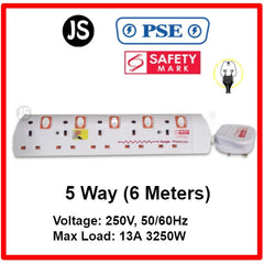 2/3/4/5/6 Way Orange Extension Socket (2, 3, 6 Meters) Surge Protection and Singapore Safety Mark