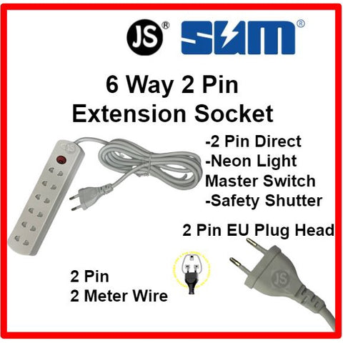 Image of 4/5/6 Way 2 Pin Extension Socket with 2 pin plug head (2 Meter)
