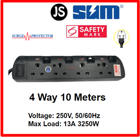 Image of SUM 2/3/4/5/6 WAY Extension Cord Socket Plug Black (0.5, 1, 2, 3, 6, 10 Meters) Safety Mark, Surge Protector & EU 2 Pin Friendly