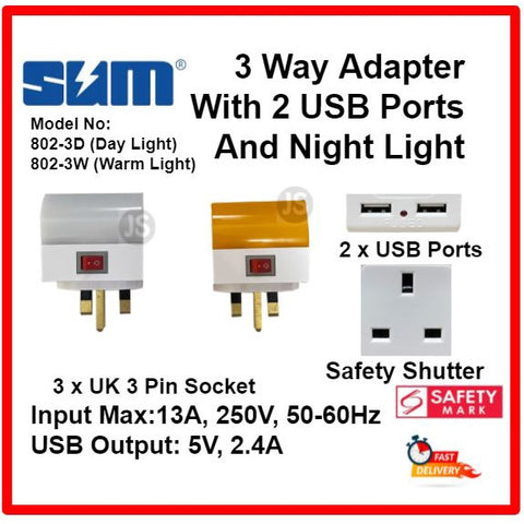Image of 3 Way Adaptor with 2 USB Ports (2.4A) and Night Light & Safety Mark