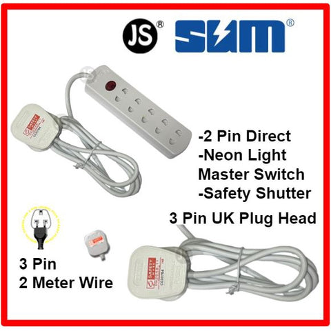 Image of 2 Pin Extension 4/5/6 Way Socket with 13A Approval Plug Top Safety Mark - 2 Meter