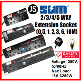 SUM 2/3/4/5 WAY Black Safety Extension Socket (0.5, 1, 2, 3, 6, 10 Meters) Singapore Safety Mark