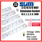 SUM 2/3/4/5/6 WAY Extension Socket (0.5, 1, 2, 3, 6, 10 Meters) with Surge Protector & Safety Mark