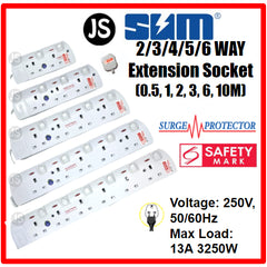 SUM 2/3/4/5/6 WAY Extension Socket (0.5, 1, 2, 3, 6, 10 Meters) with Surge Protector & Safety Mark