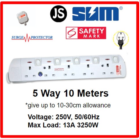 Image of SUM 2/3/4/5/6 WAY Extension Socket (0.5, 1, 2, 3, 6, 10 Meters) with Surge Protector & Safety Mark