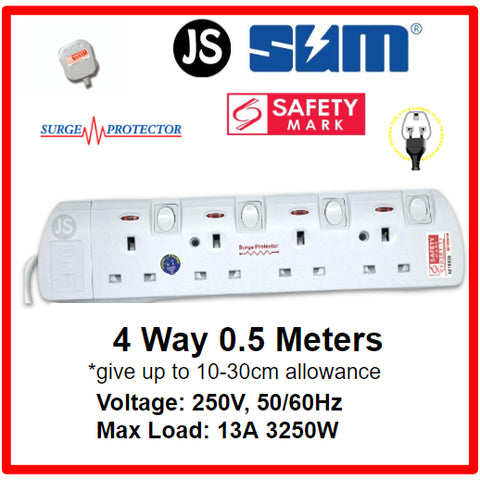Image of SUM 2/3/4/5/6 WAY Extension Socket (0.5, 1, 2, 3, 6, 10 Meters) with Surge Protector & Safety Mark