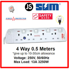 SUM 2/3/4/5/6 WAY Extension Socket (0.5, 1, 2, 3, 6, 10 Meters) with Surge Protector & Safety Mark