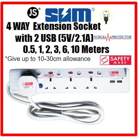 Image of SUM 4 Way Extension Socket with 2 USB, Surge Protector with Safety Mark (0.5, 1, 2, 3 , 6, 10 meters)