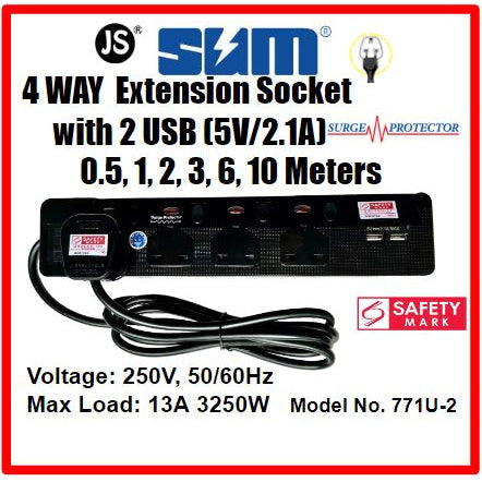 Image of SUM Black 4 Way Extension Socket with 2 USB, Surge Protector with Safety Mark (0.5, 1, 2, 3 , 6, 10 meters)