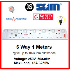 SUM 2/3/4/5/6 WAY Extension Socket (0.5, 1, 2, 3, 6, 10 Meters) with Surge Protector & Safety Mark