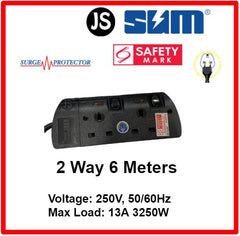 SUM 2/3/4/5/6 WAY Extension Cord Socket Plug Black (0.5, 1, 2, 3, 6, 10 Meters) Safety Mark, Surge Protector & EU 2 Pin Friendly