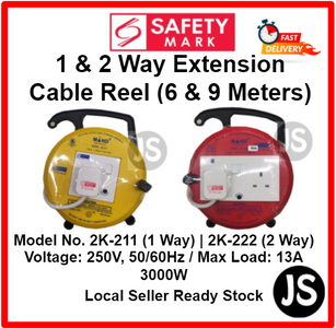 1 and 2 Way Extension Cable Reel (6 & 9 Meters) With Safety Mark