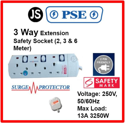 Image of PSE 2/3/4/5/6 WAY Extension Safety Socket Plug (2, 3, 6 Meters) With Surge Protection, Safety Marks & 2 Pin Friendly