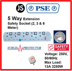 PSE 2/3/4/5/6 WAY Extension Safety Socket Plug (2, 3, 6 Meters) With Surge Protection, Safety Marks & 2 Pin Friendly
