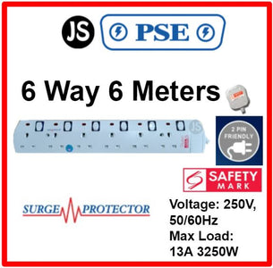 PSE 2/3/4/5/6 WAY Extension Safety Socket Plug (2, 3, 6 Meters) With Surge Protection, Safety Marks & 2 Pin Friendly