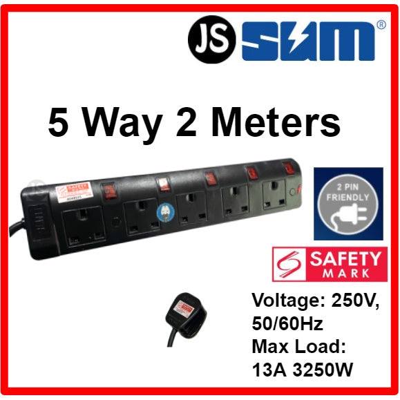 SUM 2/3/4/5 WAY Black Safety Extension Socket (0.5, 1, 2, 3, 6, 10 Meters) Singapore Safety Mark