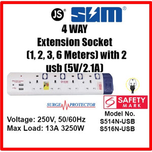 4 & 6 Way Extension Socket with 2 USB, Surge Protector with Safety Mark (0.5, 1, 2, 3 , 6, 10 meters)