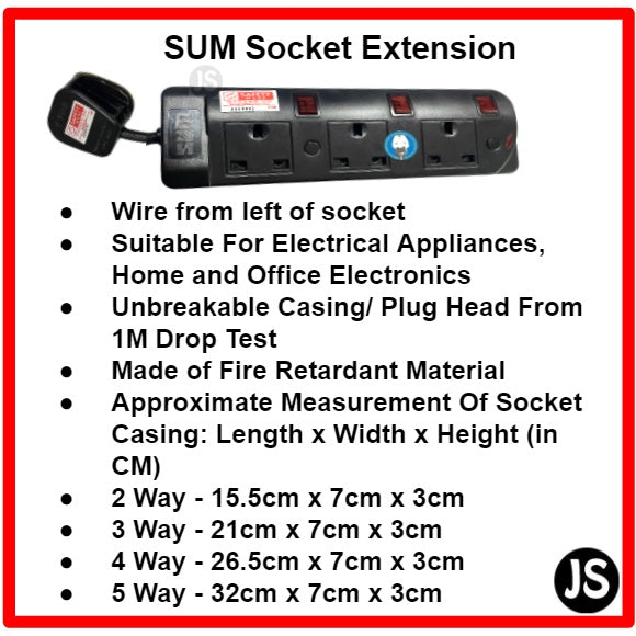 SUM 2/3/4/5 WAY Black Safety Extension Socket (0.5, 1, 2, 3, 6, 10 Meters) Singapore Safety Mark