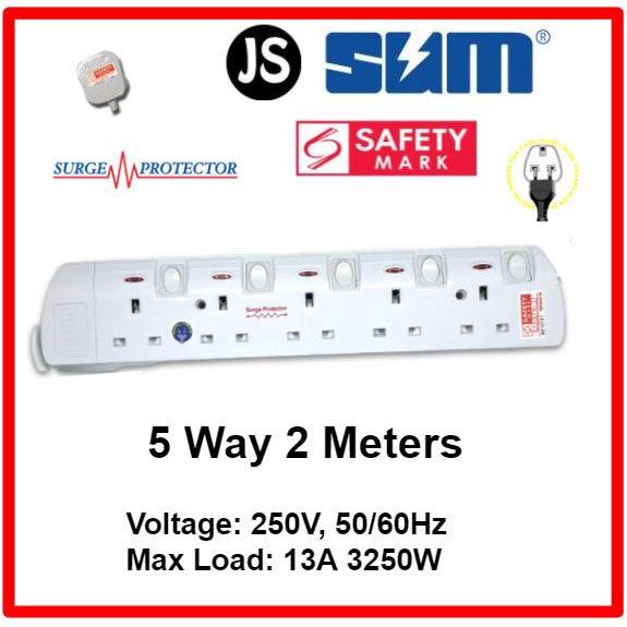 SUM 2/3/4/5/6 WAY Extension Socket (0.5, 1, 2, 3, 6, 10 Meters) with Surge Protector & Safety Mark