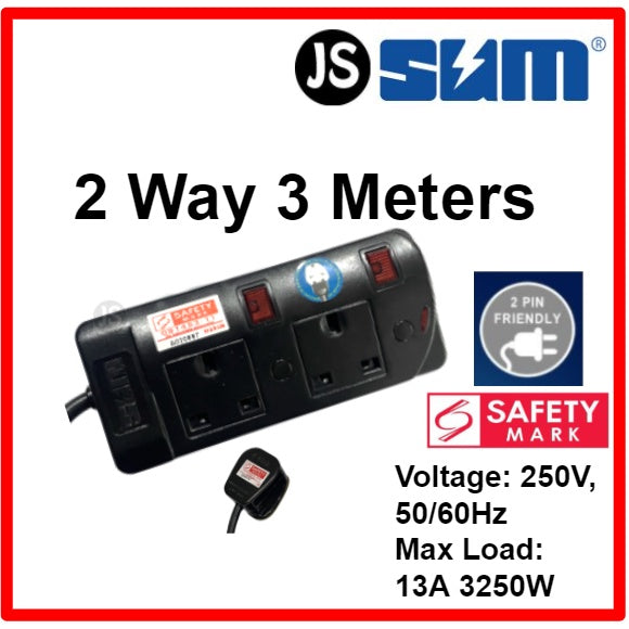 SUM 2/3/4/5 WAY Black Safety Extension Socket (0.5, 1, 2, 3, 6, 10 Meters) Singapore Safety Mark