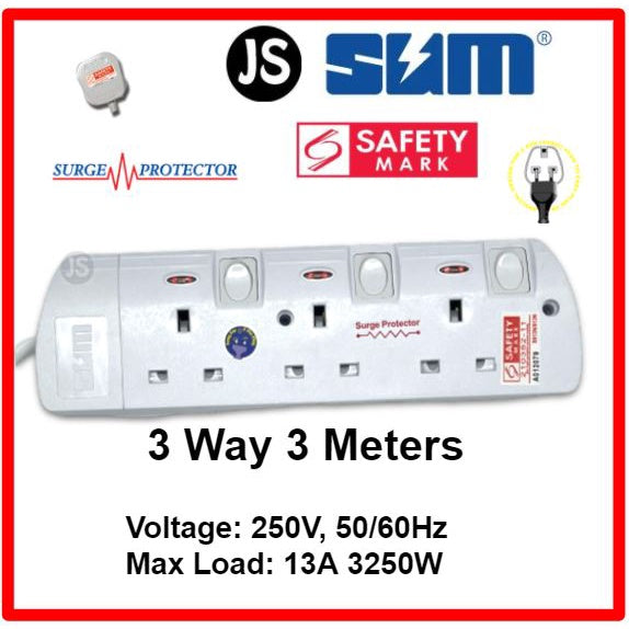 SUM 2/3/4/5/6 WAY Extension Socket (0.5, 1, 2, 3, 6, 10 Meters) with Surge Protector & Safety Mark