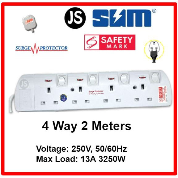 SUM 2/3/4/5/6 WAY Extension Socket (0.5, 1, 2, 3, 6, 10 Meters) with Surge Protector & Safety Mark