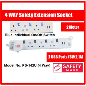 3 & 4 Way Extension Socket with 2 USB Ports (5V/2.1A) & Singapore Safety Mark (2 Meter)