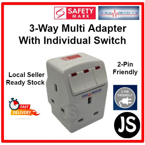 Image of SUM 3 Way Multi-Adapter with Individual Switch, Surge Protection & Safety Mark