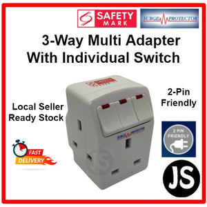 SUM 3 Way Multi-Adapter with Individual Switch, Surge Protection & Safety Mark