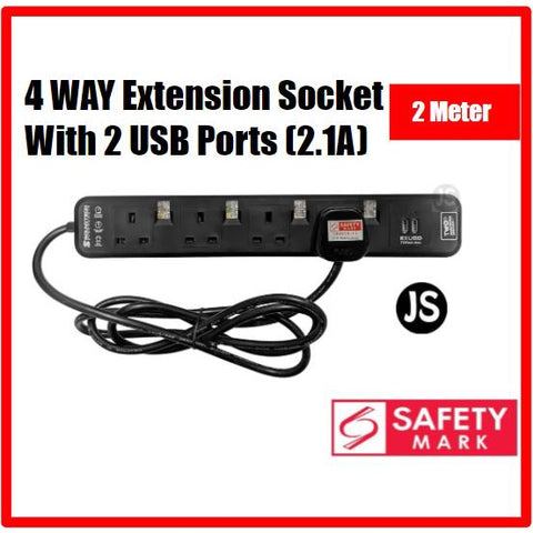 Image of Black 4 Way Extension Socket with 2 USB Ports (2.1A/5V) & Singapore Safety Mark (2 Meters)
