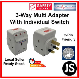 SUM 3 Way Multi-Adapter with Individual Switch, Surge Protection & Safety Mark