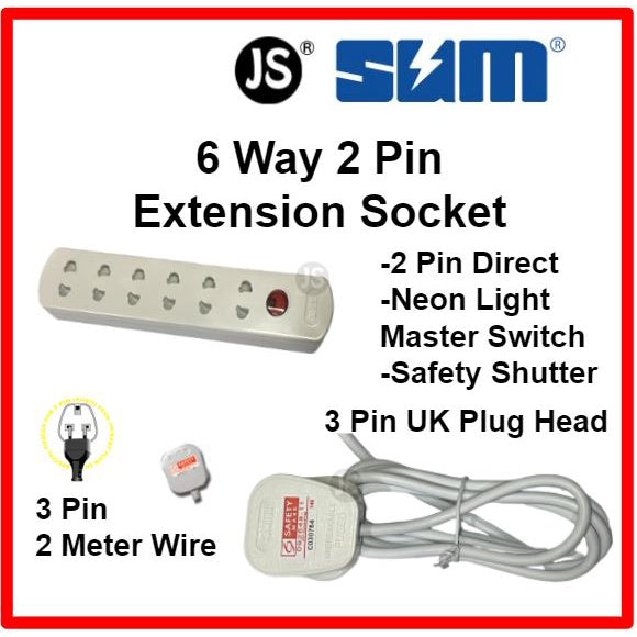 2 Pin Extension 4/5/6 Way Socket with 13A Approval Plug Top Safety Mark - 2 Meter
