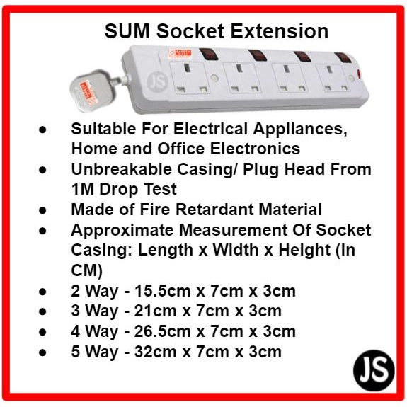 SUM 2/3/4/5 WAY Extension Socket (0.5, 1, 2, 3, 6, 10 Meters) With Singapore Safety Mark