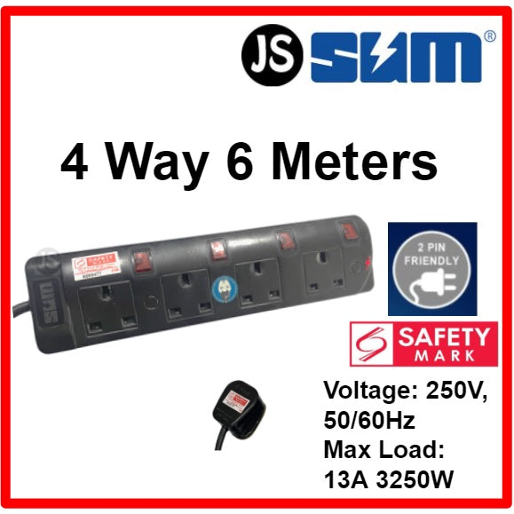 SUM 2/3/4/5 WAY Black Safety Extension Socket (0.5, 1, 2, 3, 6, 10 Meters) Singapore Safety Mark