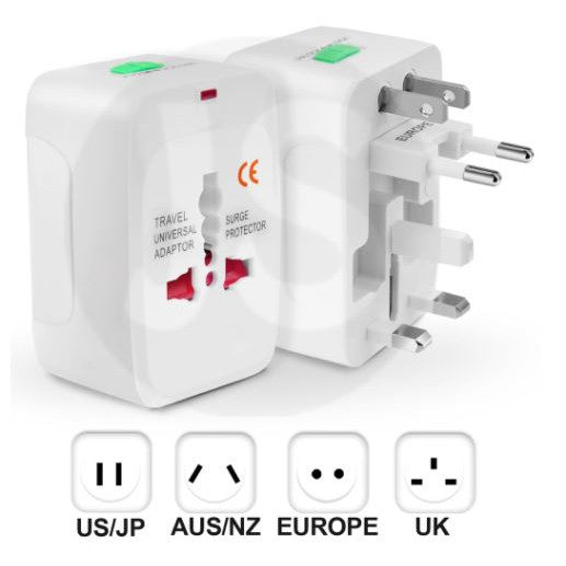 All in one universal travel adaptor without or with 2 usb & surge protector (White/Black)