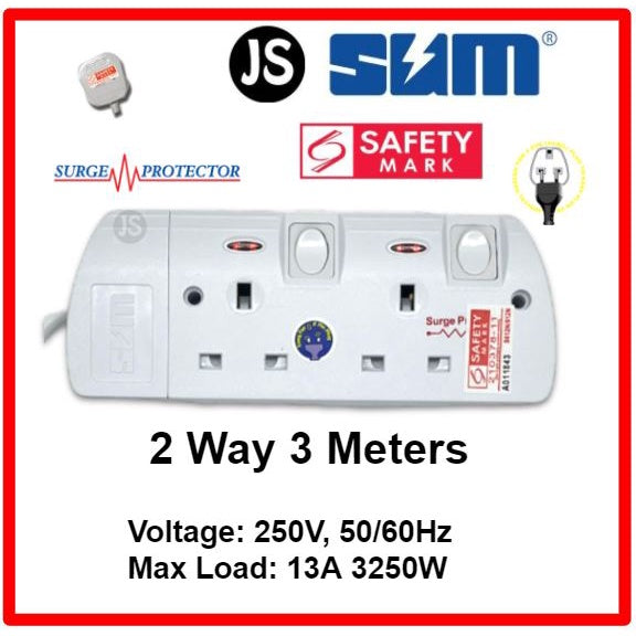 SUM 2/3/4/5/6 WAY Extension Socket (0.5, 1, 2, 3, 6, 10 Meters) with Surge Protector & Safety Mark