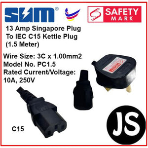Computer/Kettle Plug Power Cable (1.5M) With Groove - C15 Model - 13 Amp Singapore Plug to IEC with Safety Mark