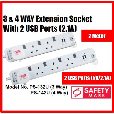 Image of 3 & 4 Way Extension Socket with 2 USB Ports (5V/2.1A) & Singapore Safety Mark (2 Meter)