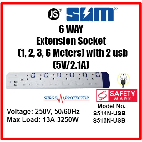 4 & 6 Way Extension Socket with 2 USB, Surge Protector with Safety Mark (0.5, 1, 2, 3 , 6, 10 meters)