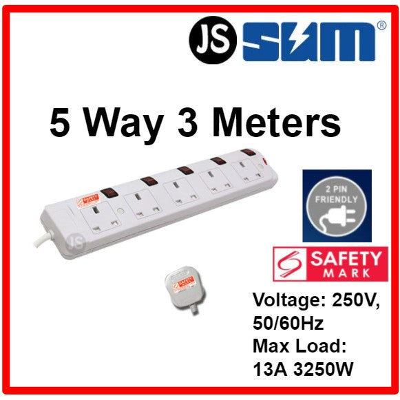 SUM 2/3/4/5 WAY Extension Socket (0.5, 1, 2, 3, 6, 10 Meters) With Singapore Safety Mark