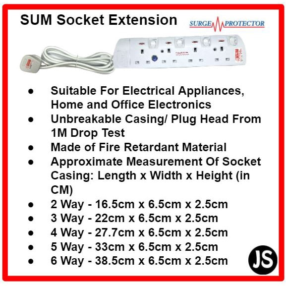 SUM 2/3/4/5/6 WAY Extension Socket (0.5, 1, 2, 3, 6, 10 Meters) with Surge Protector & Safety Mark