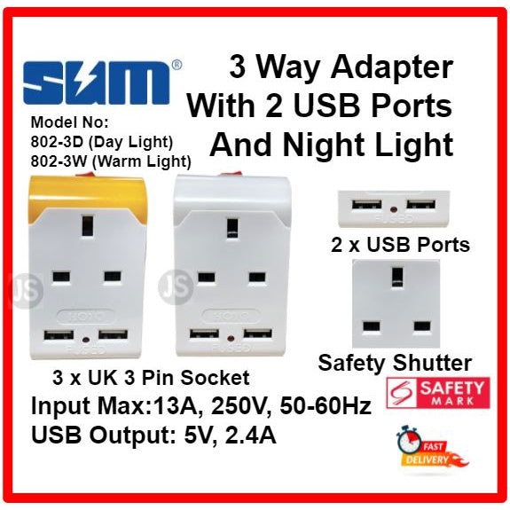 3 Way Adaptor with 2 USB Ports (2.4A) and Night Light & Safety Mark