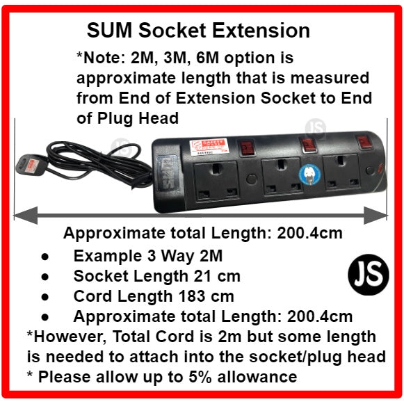 SUM 2/3/4/5 WAY Black Safety Extension Socket (0.5, 1, 2, 3, 6, 10 Meters) Singapore Safety Mark