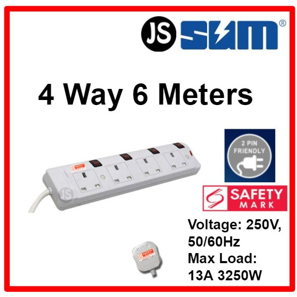 SUM 2/3/4/5 WAY Extension Socket (0.5, 1, 2, 3, 6, 10 Meters) With Singapore Safety Mark