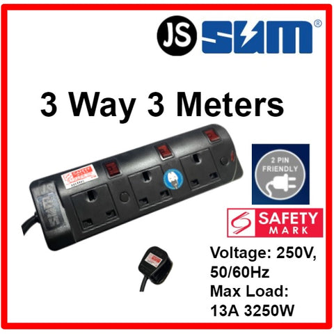 Image of SUM 2/3/4/5 WAY Black Safety Extension Socket (0.5, 1, 2, 3, 6, 10 Meters) Singapore Safety Mark