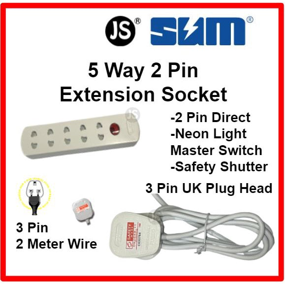 2 Pin Extension 4/5/6 Way Socket with 13A Approval Plug Top Safety Mark - 2 Meter