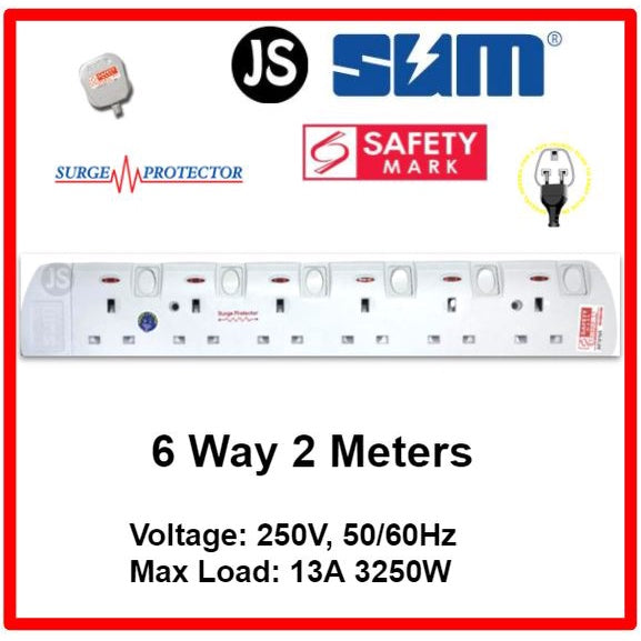 SUM 2/3/4/5/6 WAY Extension Socket (0.5, 1, 2, 3, 6, 10 Meters) with Surge Protector & Safety Mark